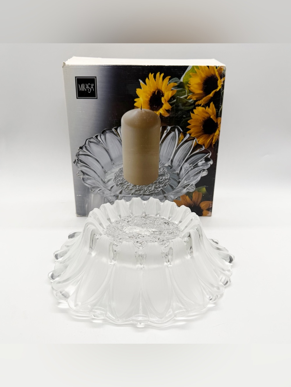 Mikasa 11" Sunflower Frost 24% Crystal Pillar Candle Holder Bowl Petal Germany